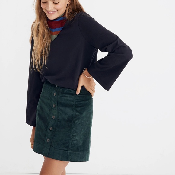 Madewell Velveteen Green A-Line Button Front Mini Skirt - Picture 3 of 11